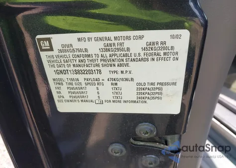 2003 Chevrolet Trailblazer Ltz z USA, uszkodzony, nr VIN 1GNDT13S832203178